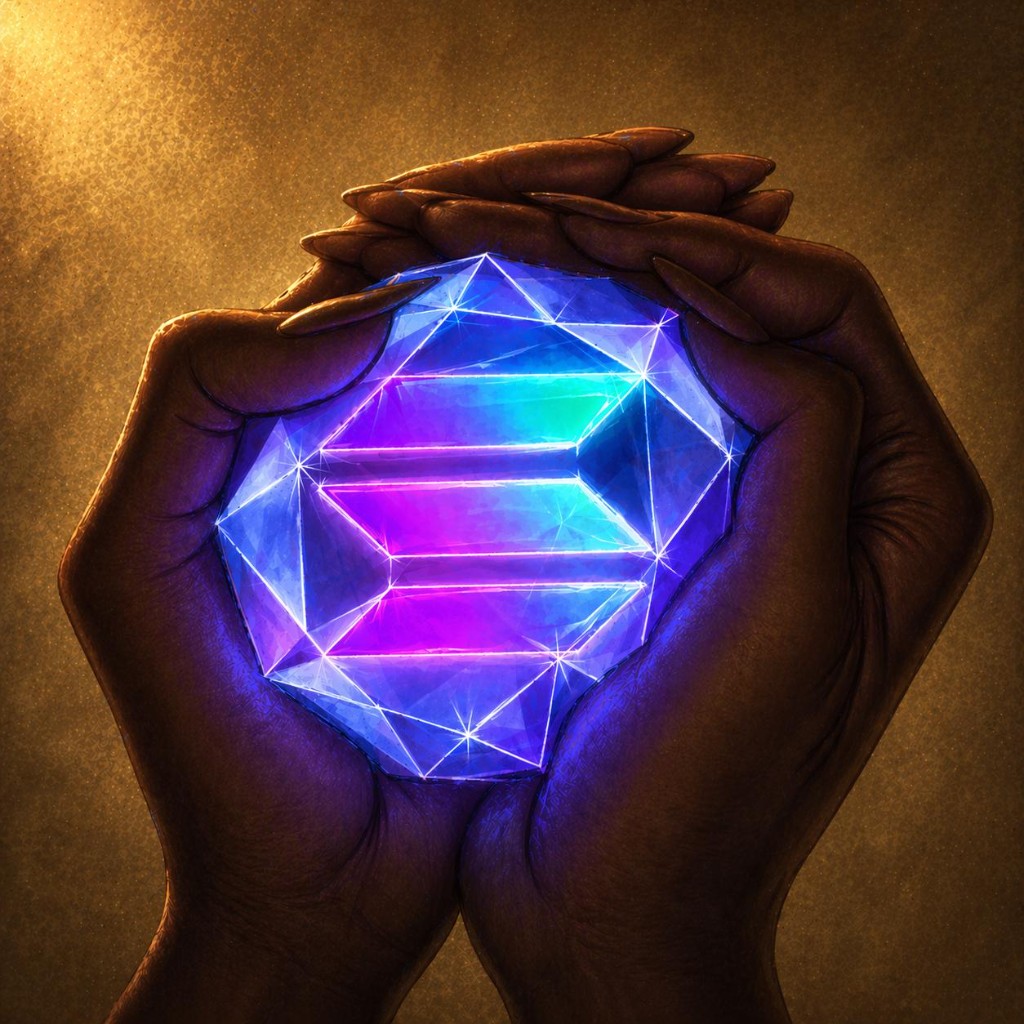 Two hands cupping a glowing faceted gem, cyan and purple light